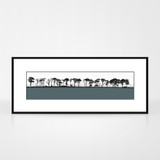 Landscape print of Northumberland countryside by designer Jacky Al-Samarraie. The print colour is slate. The print is shown in a frame for reference.